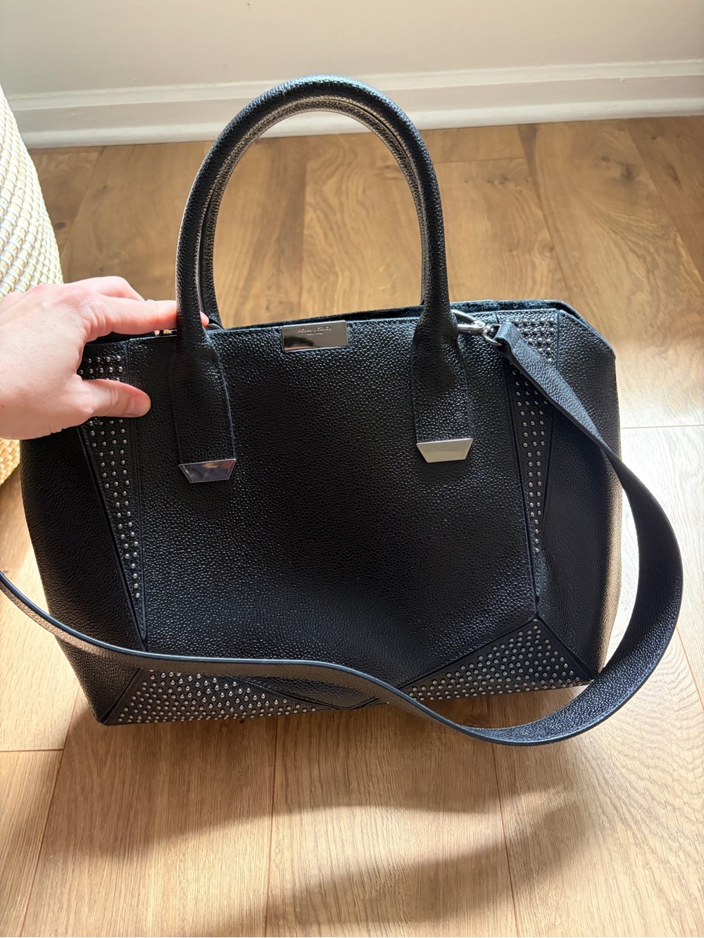 Henri Bendel Black and Silver Pebbled Leather Handbag w/ Crossbody Strap - Picture 9 of 10